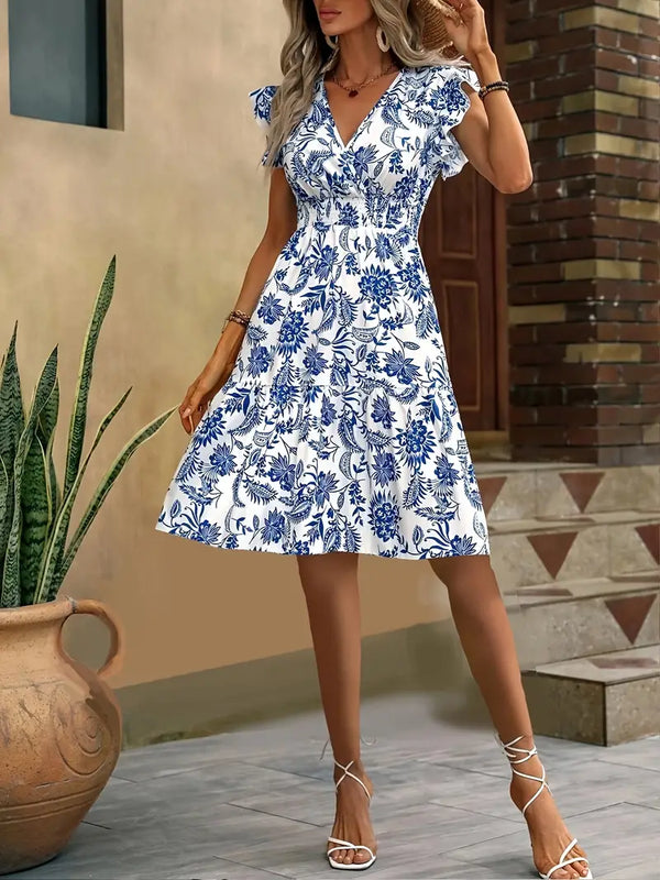 Robe midi florale pour femme - décolleté en v avec manches volantées pour les journées d'été décontractées