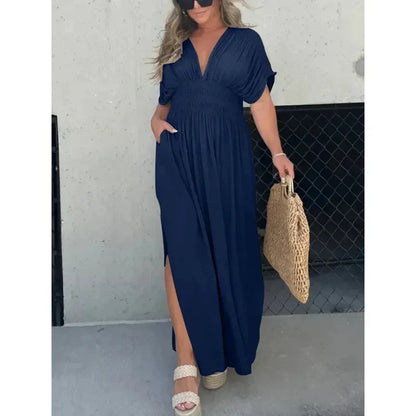 Robe maxi féminine élégante au décolleté en v - longue robe confortable pour les occasions décontractées