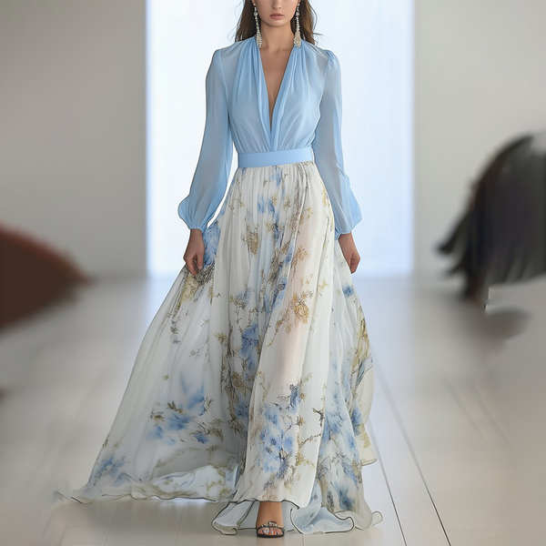 Robe maxi femme - élancée à manches longues et décolleté en v bleu pour les soirées jardin