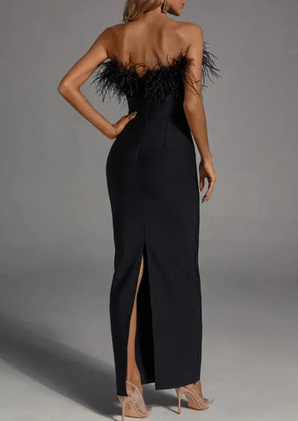 Robe de soirée femmes avec détails en plumes - élégante robe maxi noire pour une allure chic