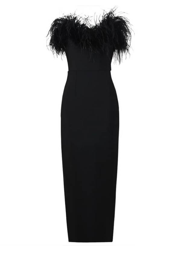 Robe de soirée femmes avec détails en plumes - élégante robe maxi noire pour une allure chic