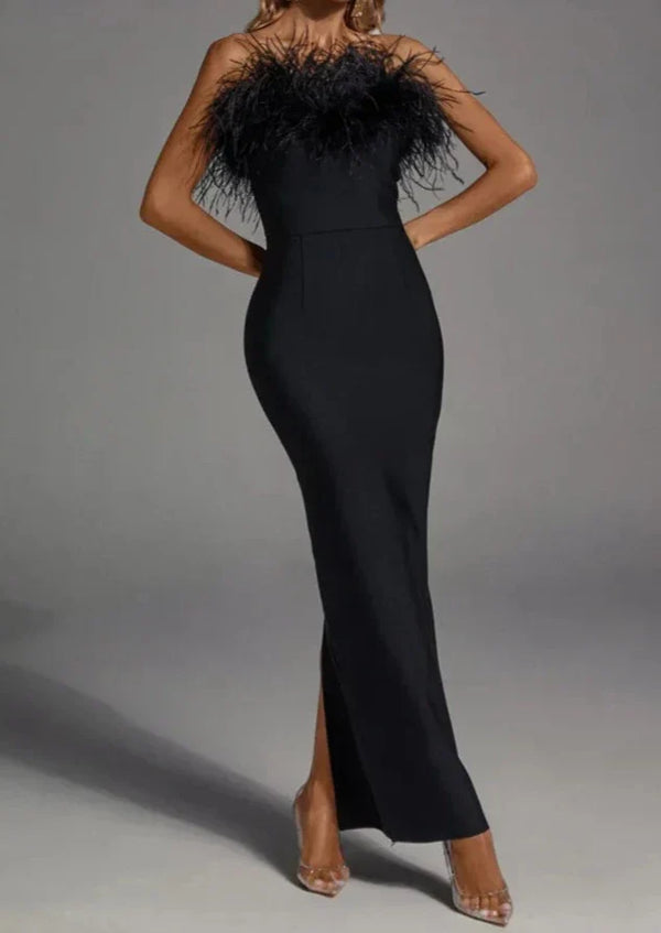 Robe de soirée femmes avec détails en plumes - élégante robe maxi noire pour une allure chic