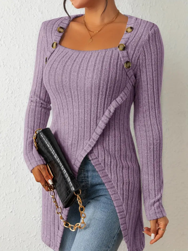 Top à manches longues en côtes avec détails en boutons - style asymétrique chic pour vos sorties décontractées et au bureau