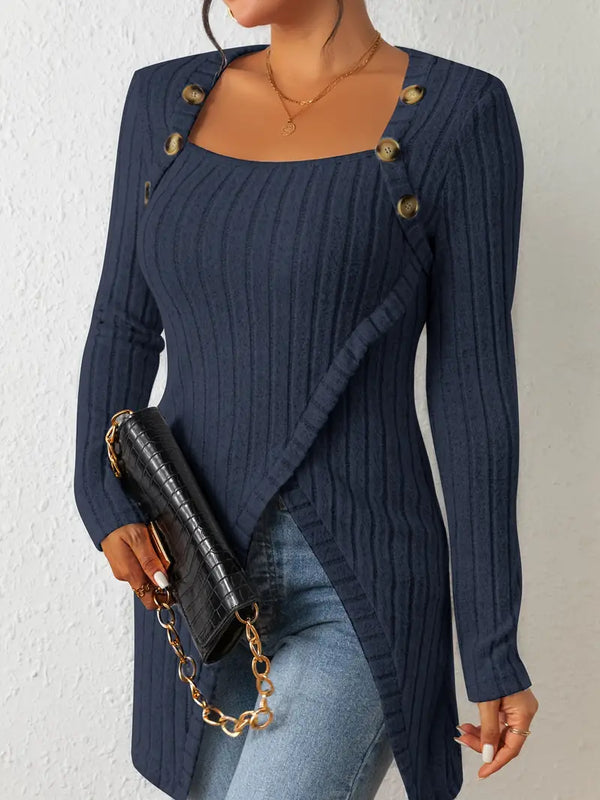 Top à manches longues en côtes avec détails en boutons - style asymétrique chic pour vos sorties décontractées et au bureau