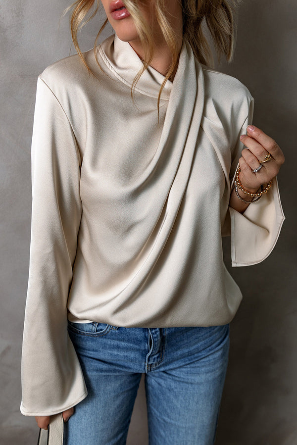 Blouse satin femme élégante beige à manches longues - top drapé chic pour un style polyvalent