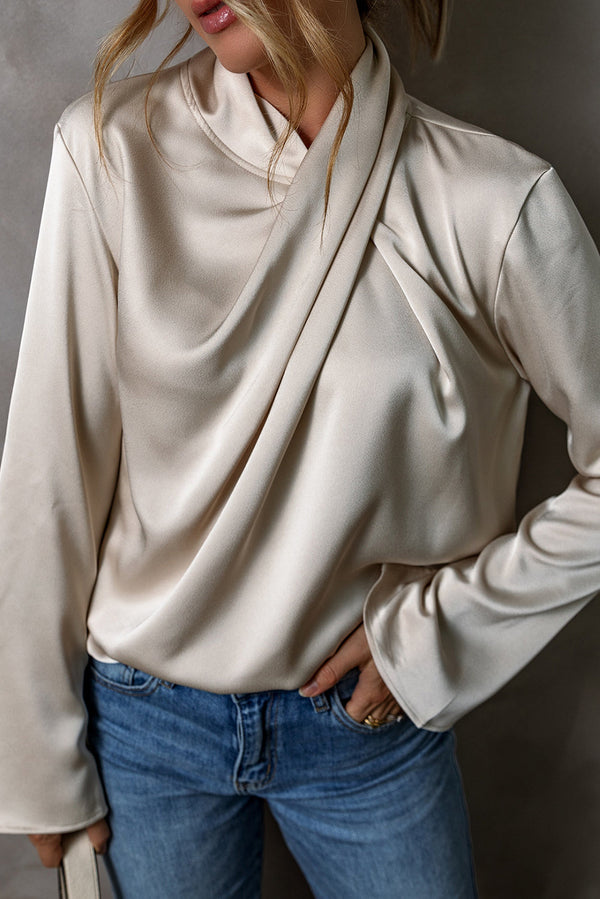 Blouse satin femme élégante beige à manches longues - top drapé chic pour un style polyvalent