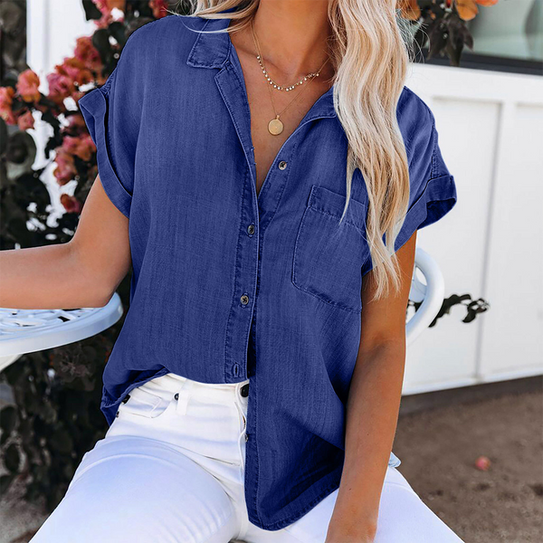 Chemise en denim à manches courtes pour femmes - légère en mélange de coton, coupe décontractée pour une allure quotidienne
