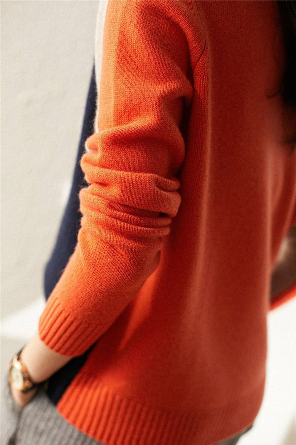 Pull pour femmes au design rétro chic bleu et orange - sweat à col classique pour un style décontracté