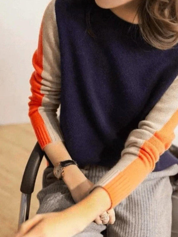 Pull pour femmes au design rétro chic bleu et orange - sweat à col classique pour un style décontracté