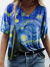 T-shirt femme v-neck van gogh ciel étoilé – top casual imprimé bleu