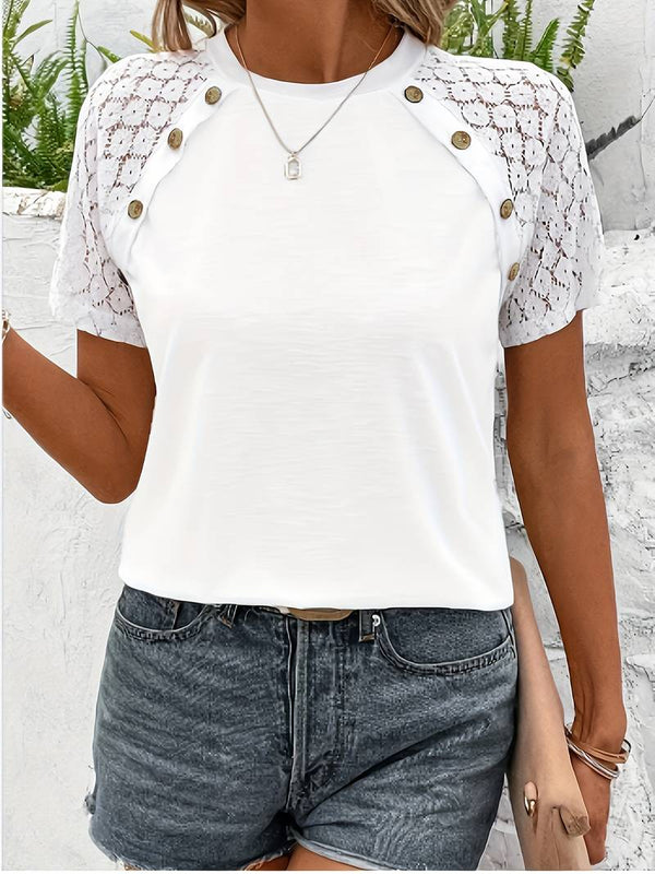T-shirt femme avec détails en dentelle et boutons - tee élégant blanc pour un look décontracté au quotidien