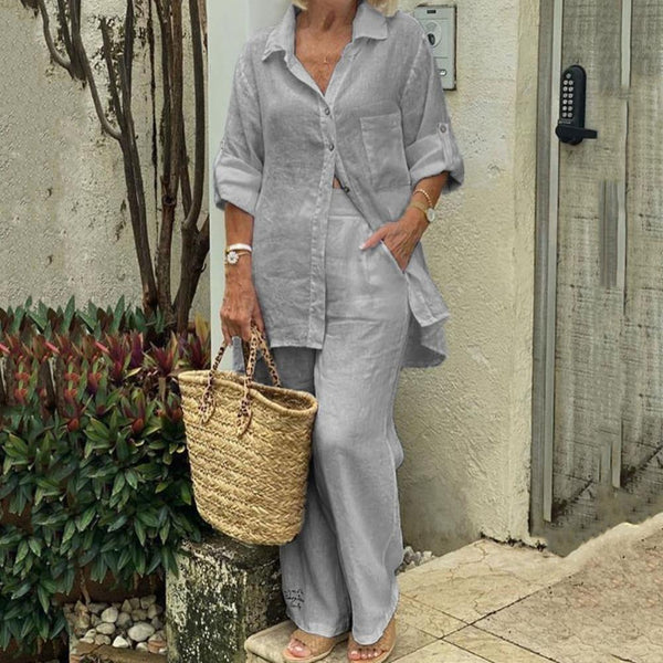 Ensemble en lin pour femmes - tenue d'été décontractée gris