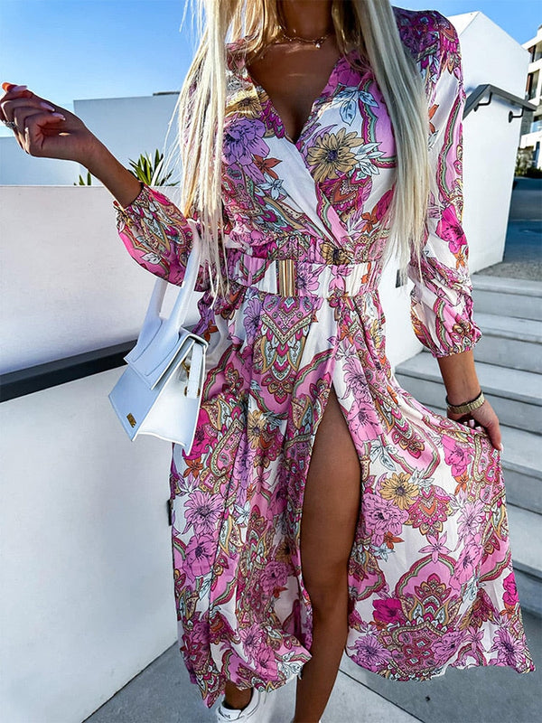 Robe midi florale à manches longues avec fente - design élégant pour les occasions spéciales