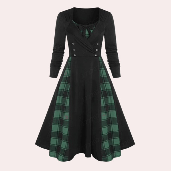 Robe a-line à motifs carreaux - élégante robe longue à manches longues