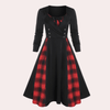 Robe a-line à motifs carreaux - élégante robe longue à manches longues