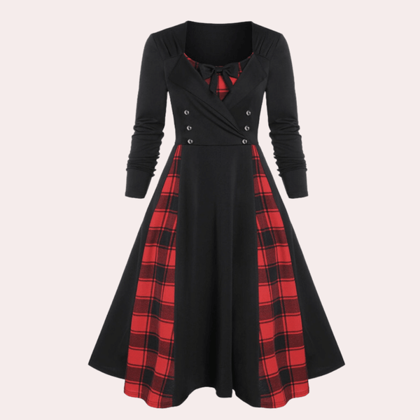 Robe a-line à motifs carreaux - élégante robe longue à manches longues