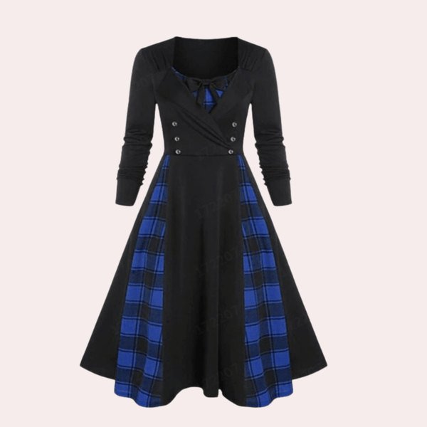 Robe a-line à motifs carreaux - élégante robe longue à manches longues