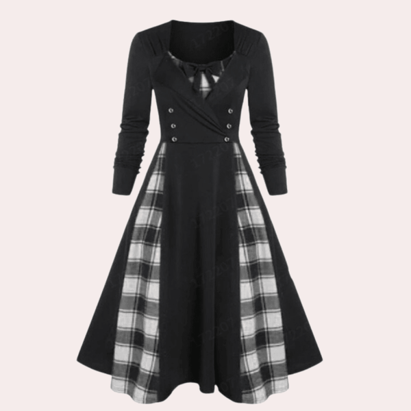 Robe a-line à motifs carreaux - élégante robe longue à manches longues