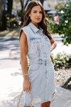 Robe en denim bleu clair - robe sans manches avec poches fonctionnelles