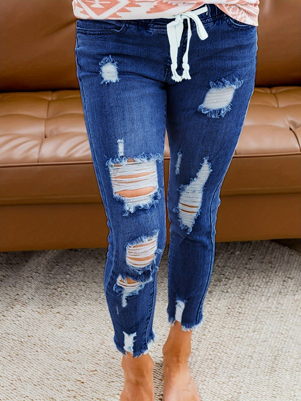 Jeans skinny distressed pour femmes avec cordon de serrage - pantalons en denim extensible polyvalents pour sorties décontractées