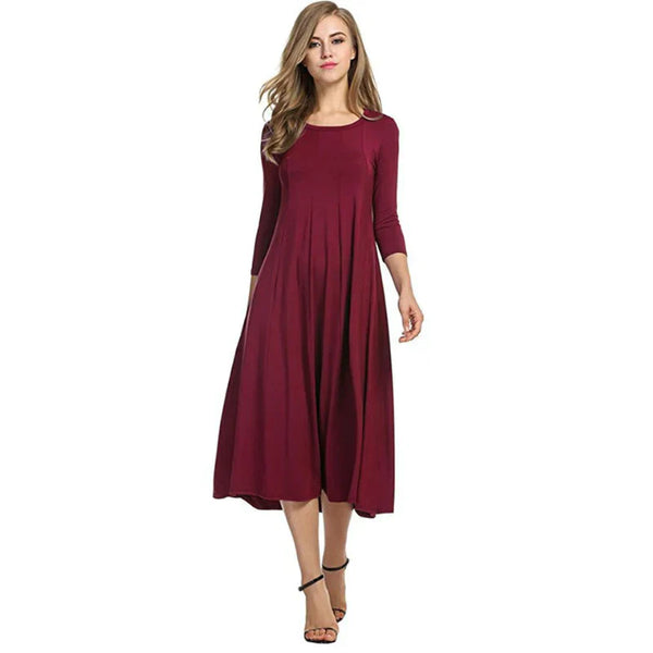 Robe midi femme - ourlet évasé pour un style décontracté - robe casual à manches trois-quarts