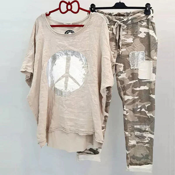 Ensemble décontracté femme 2 pièces : t-shirt ample et pantalon camouflage - mode lounge au quotidien