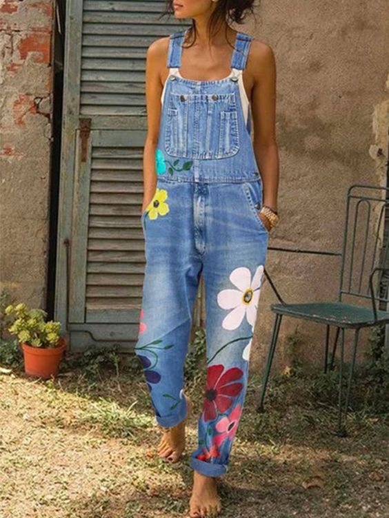 Salopettes en denim fleuries pour femmes - overalls stylés avec poches pour un usage quotidien