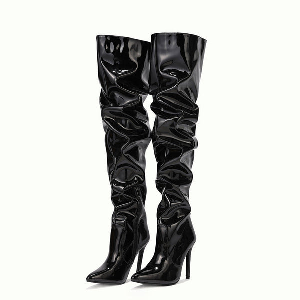 Bottes montantes en faux latex - chaussures à talons tendance pour femmes