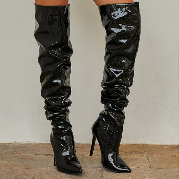 Bottes montantes en faux latex - chaussures à talons tendance pour femmes