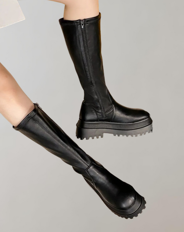 Bottes noires hauteur genoux - chaussures à semelle épaisse pour dames