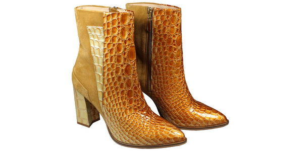 Bottines à talons hauts - élégantes bottines en daim imprimées motif reptile dorées pour femmes