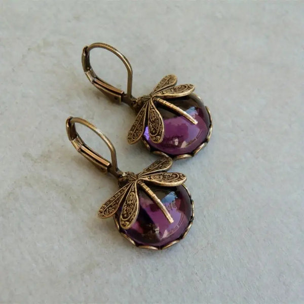 Boucles d'oreilles libellule suspendues - boucles en bronze vintage pour femmes
