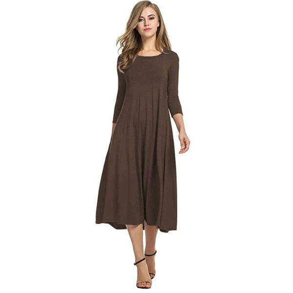 Robe midi femme - ourlet évasé pour un style décontracté - robe casual à manches trois-quarts