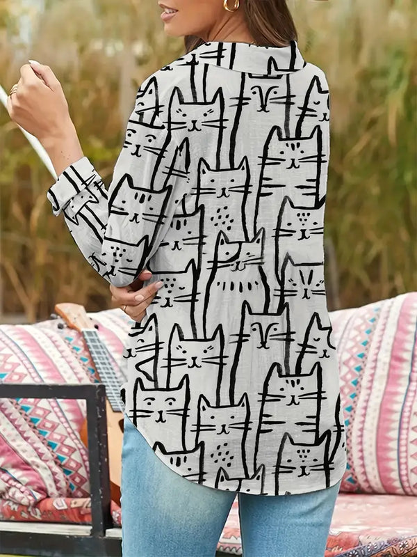 Chemise à imprimé chat à manches longues - tenue printanière décontractée