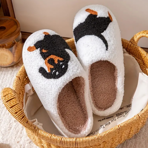Chaussons blancs pour femmes - design dachshund en douceur pour la maison