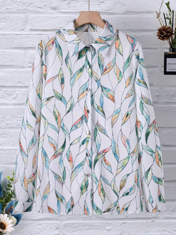 Blouse légère pour femmes avec motif feuilles - chemisier élégant à manches longues pour le quotidien