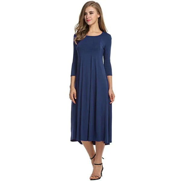 Robe midi femme - ourlet évasé pour un style décontracté - robe casual à manches trois-quarts