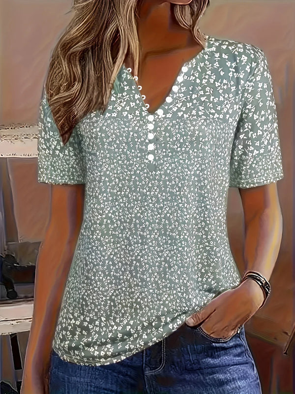 Blouse décontractée pour femme - blouse élégante à imprimé floral en v pour le quotidien - design à manches courtes