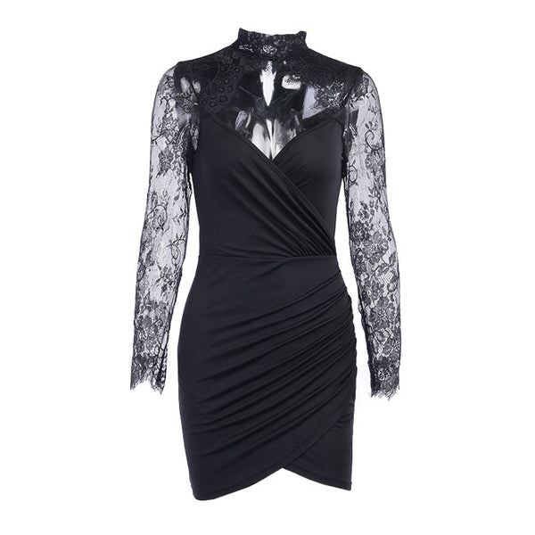 Robe mini noire de soirée avec accents en dentelle et col haut - élégance féminine