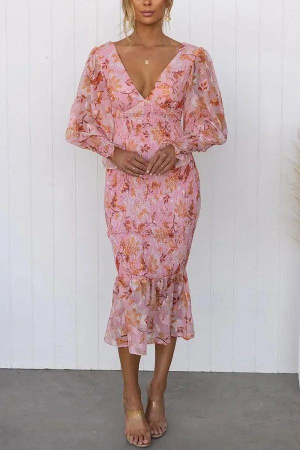 Robe midi florale femme à manches bouffantes - élégante et polyvalente pour vos journées ensoleillées