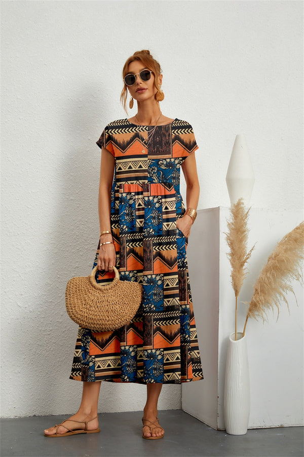 Robe mi-longue florale décontractée pour femme - mélange de coton doux avec poches pour les journées d'été