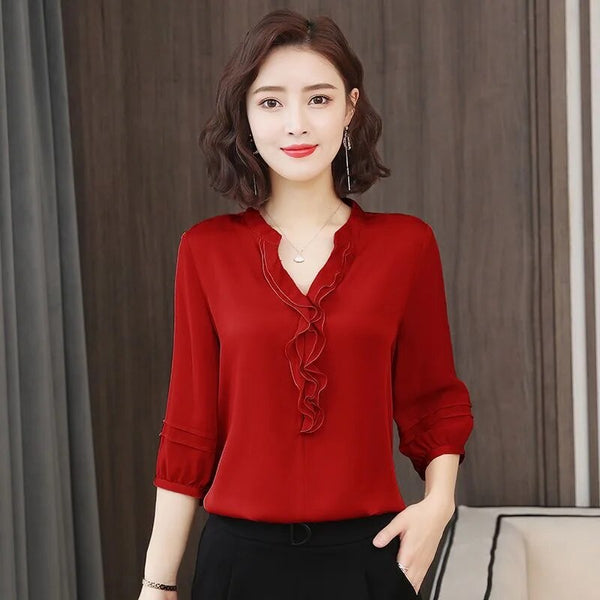 Blouse légère à détails volants pour femmes - tenue de bureau v-neck pour un style smart casual