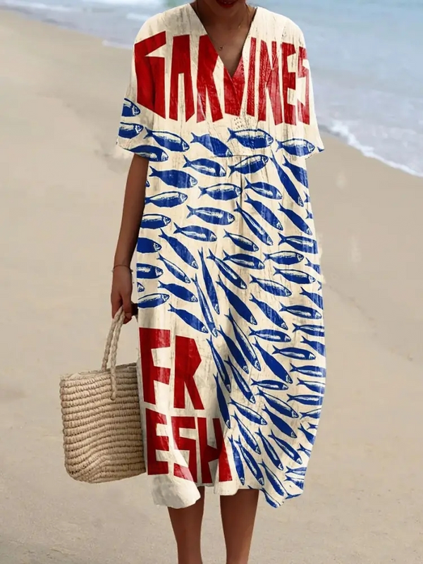 Robe chemise vintage à imprimé poisson pour femme - tenue de plage multicolore