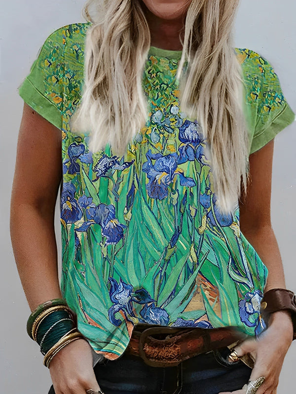 T-shirt femme imprimé artistique van gogh iris vert - haut court coloré pour sorties quotidiennes