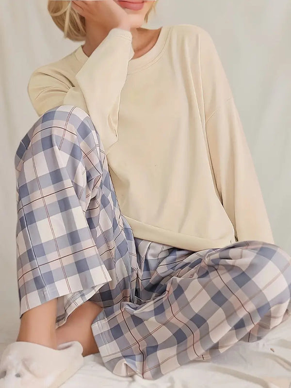 Ensemble de loungewear femme 2 pièces - haut à manches longues et pantalon à carreaux