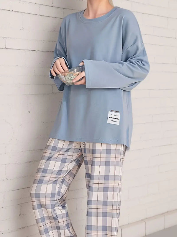 Ensemble de loungewear femme 2 pièces - haut à manches longues et pantalon à carreaux