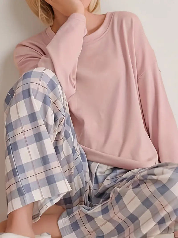 Ensemble de loungewear femme 2 pièces - haut à manches longues et pantalon à carreaux