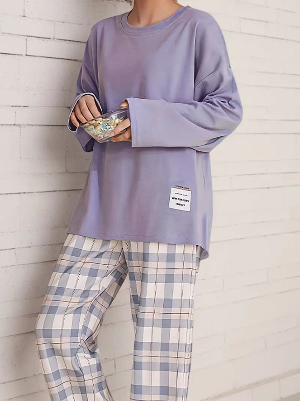 Ensemble de loungewear femme 2 pièces - haut à manches longues et pantalon à carreaux