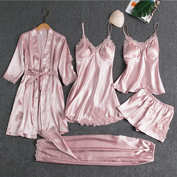 Ensemble de nuit satin 5 pièces - pyjama élégant avec peignoir et short