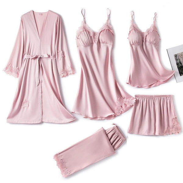 Ensemble de pyjama noir en satin 5 pièces - nuit de premium avec dentelle